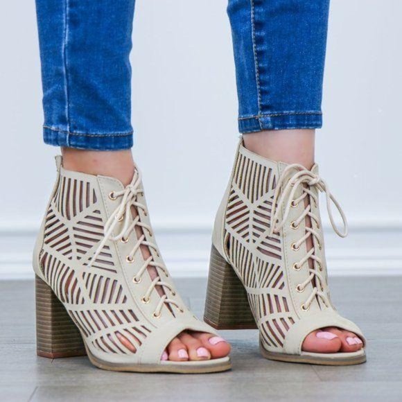 Shoes - Open Toe Laced Up Spring Cut Out Ankle Booties
